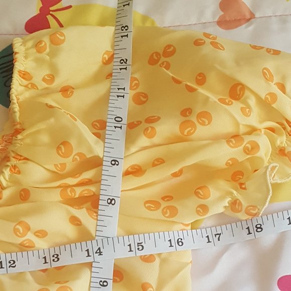 yellow orange bubble print ruched sweetheart neck short puff sleeve crop top - Picture 6 of 7